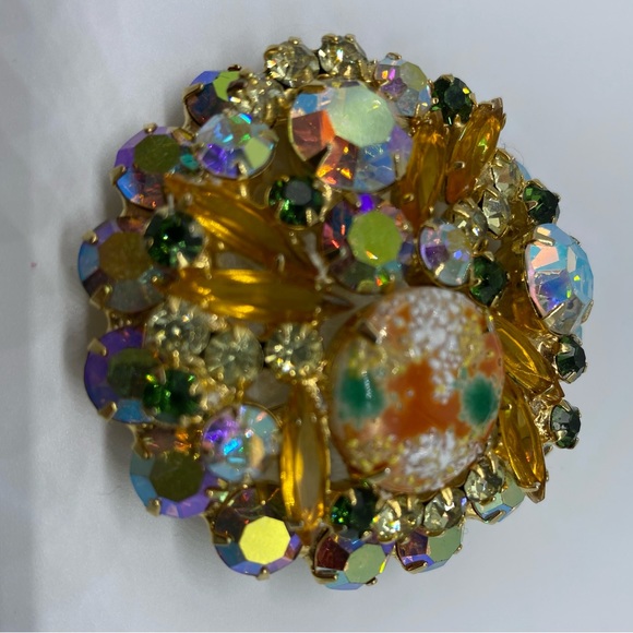 VINTAGE JULIANA DELIZZA ELSTER D&E ORANGE GREEN EASTER EGG RHINESTONES BROOCH - Picture 3 of 7